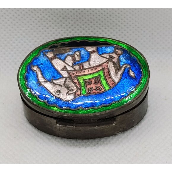 Vtg Silver Cloisonne Enamel Indian Elephant Hinged Pill Snuff Trinket Box - Picture 3 of 10
